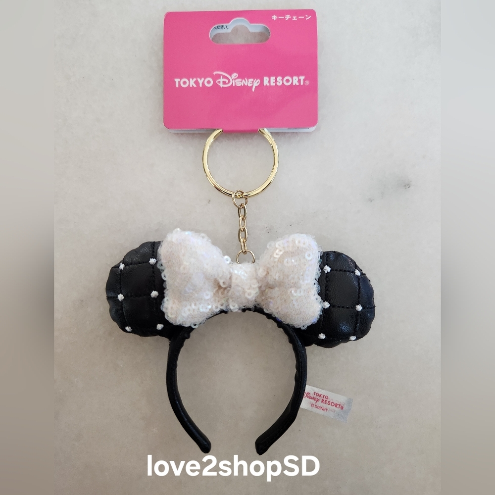 Tokyo Disney Minnie Mouse Headband Ear Black Leather Pearl Mascot Keyring Labubu